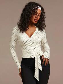 Athîral Women's Contrast Color Polka Dot Print Long Sleeve Sports T-Shirt - Apricot - View 4