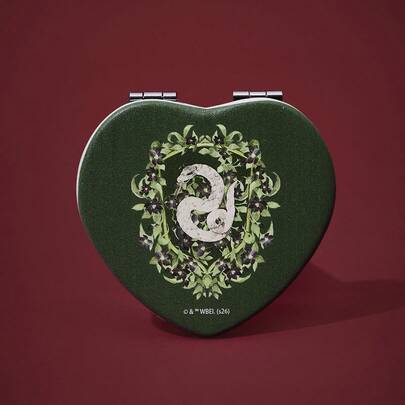 FanGlow HARRY POTTER X SHEIN 1 Piece Personalized Green Heart-Shaped Leather Printed Handheld Folding Mirror, With A Pocket For Makeup Mirror, Convenient For Carrying.