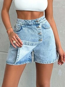 PLUS LIGHT WASH BUTTONS DETAIL SHORT SKIRT - Light Wash - View 9