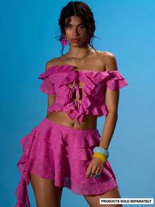 MUSERA Top con hombros descubiertos, volantes en el bajo y lazo delantero - Top coordinado solo para verano, sexy, para salir, playa, vacaciones, Ibiza, club, fiebre tropical - Rosado Sandía - Ver 1