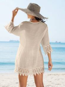 Swim Vcay Women's Summer Vacation Beach Lace Patchwork Front Button Kimono Cover Up - Apricot - View 2