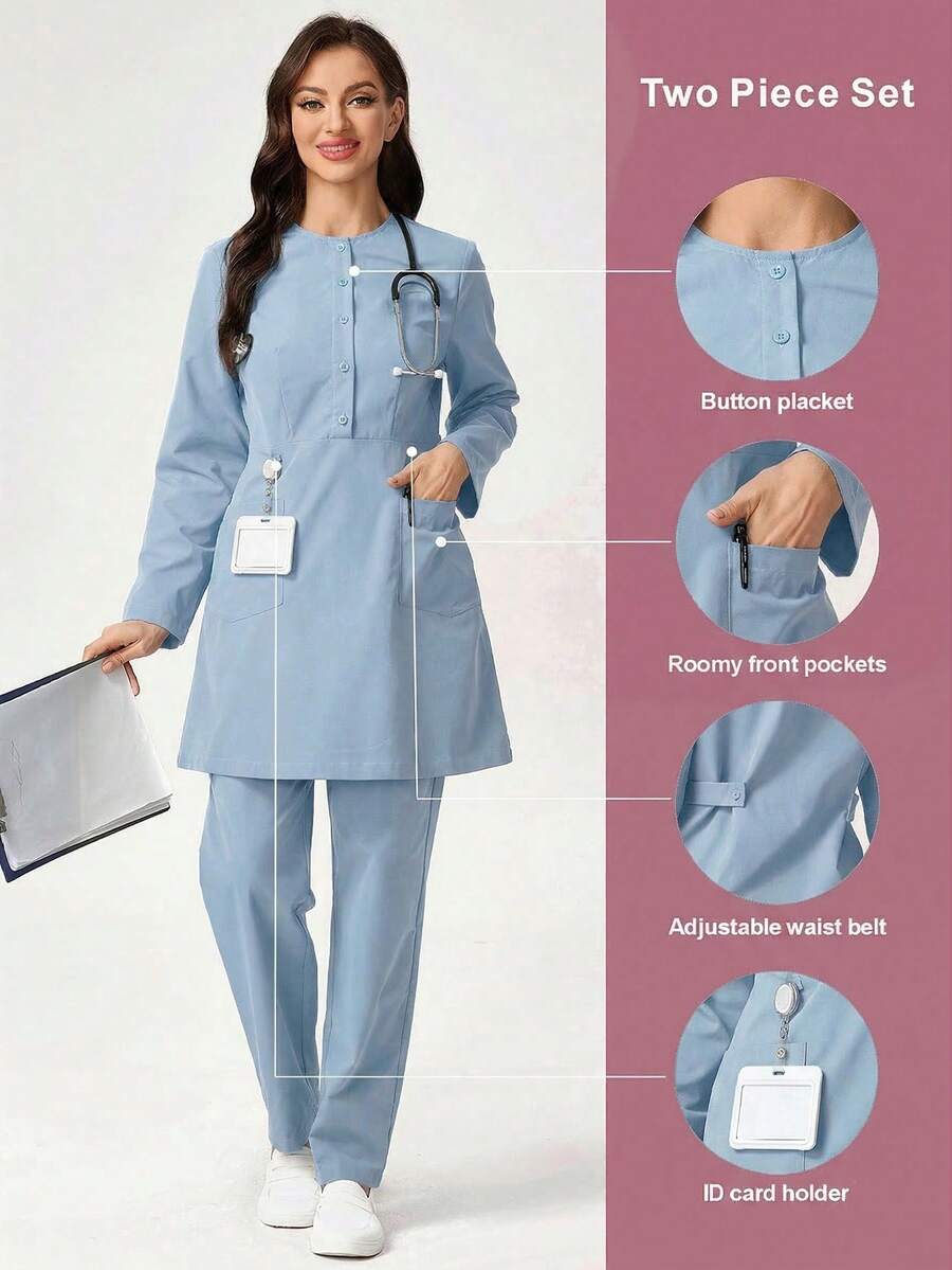 TaskEZ 圆领长袖带口袋可调节腰围医用工作服套装 - 淺藍色 - 查看 1