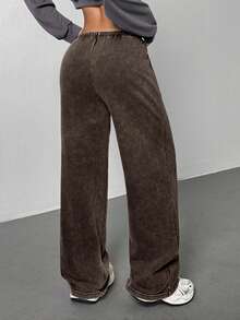 SHEIN PETITE Pantalones de chándal rectos de cintura baja para mujer, apropiados para el verano, lavados - Café integral - Ver 2