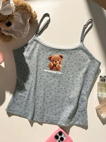 CovetEZ Grey Casual Women's Bear Print Lace Patchwork Camisole Top - Grey - View 4