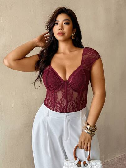 Auralis Ankla Red Sexy Lace Plus Size Bodysuit, Tight-Fitting Square Neck, Suitable For Concerts, Performances, Dates, Formal Dinners, Weddings, Valentine's Day, Parties, Sexy, Commuting, Elegant Romantic, Office, Mermaid Style, Birthday Party