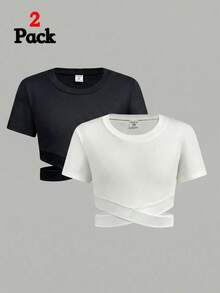 Tween Girls' Round Neck Short Sleeve Criss-Cross Hem Black & White 2 Pieces T-Shirt Set - Black and White - View 1