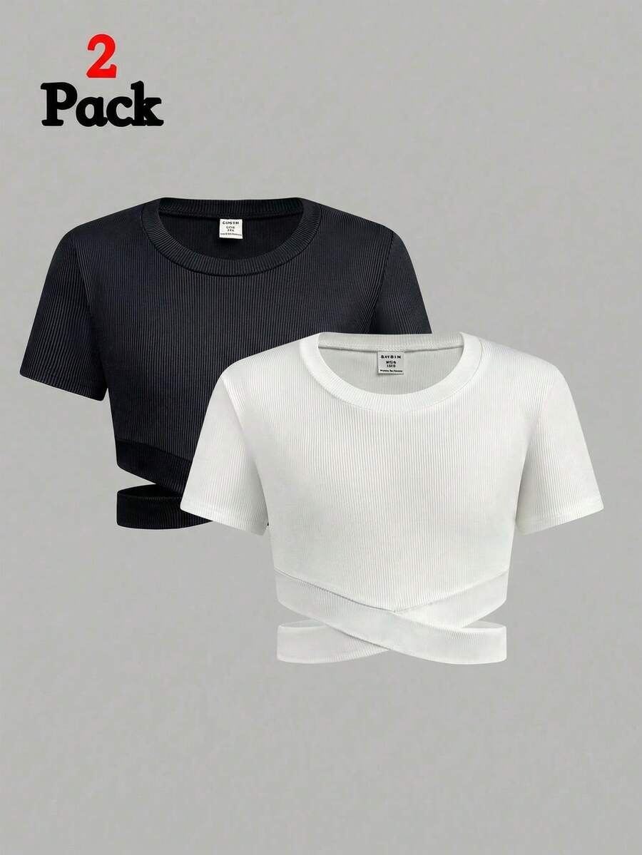 Tween Girls' Round Neck Short Sleeve Criss-Cross Hem Black & White 2 Pieces T-Shirt Set - Black and White - View 1