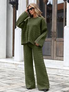 EURMUSE Women's Solid Color Cable Long Sleeve Top And Pants Sweater Set - Army Green - View 5