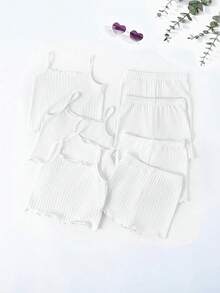Baby Girl Solid Color Ribbed Camisole And Shorts Casual Set - Multicolor - View 4