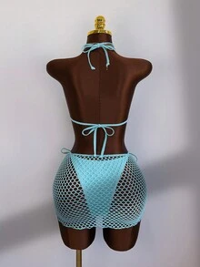 Zestiva-D Women's Summer Mint Ice Blue Halter Bikini,Fishnet Cover-Up With Pink Floral Accent, Beach Resort Swimwear Set,Casual Vacation Holiday - Blue - View 2