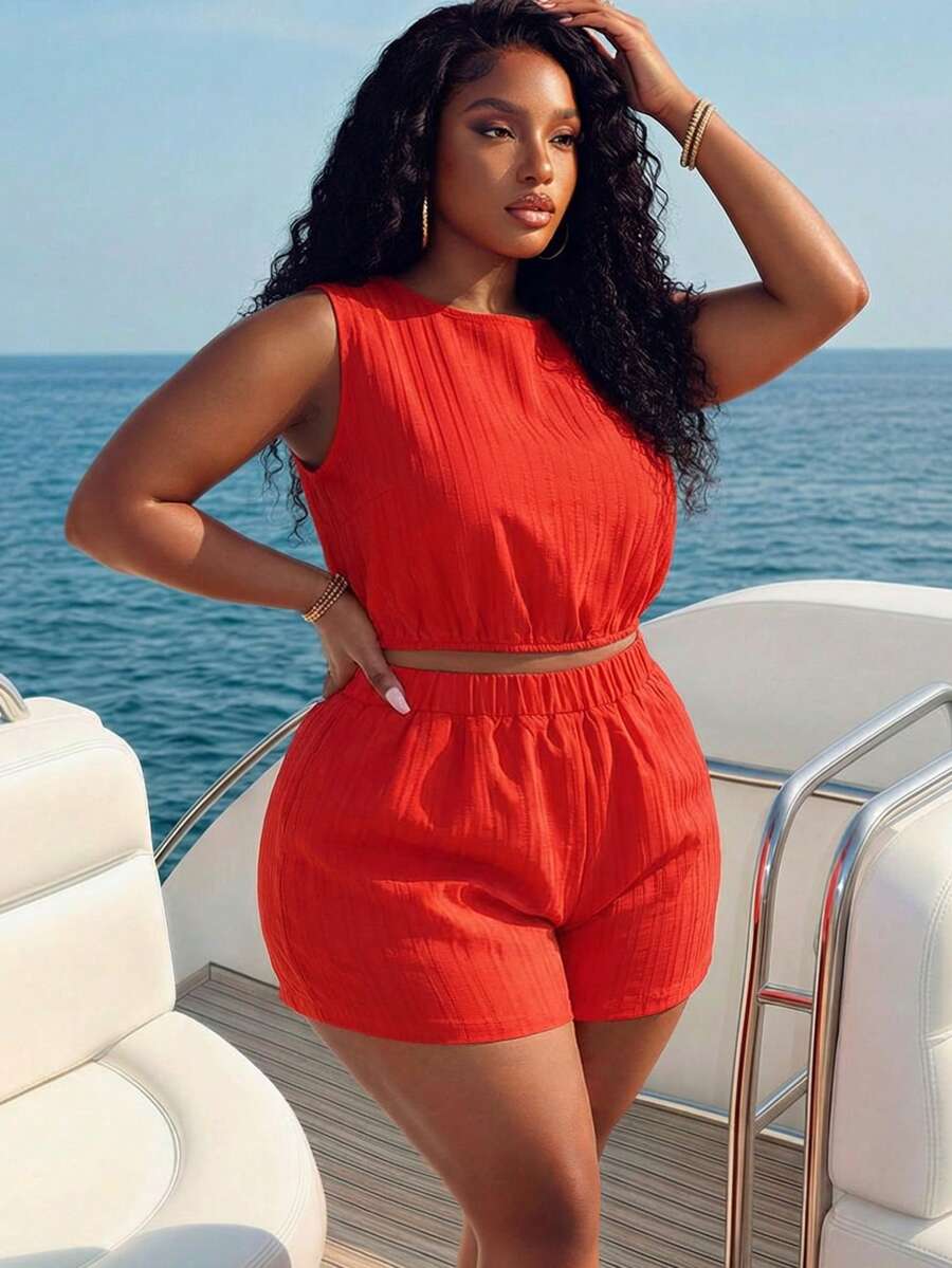 Veslaya Conjunto de top corto sin mangas y pantalones cortos de naranja elegante de alta gama para mujer talla grande, para primavera y verano 2026, para festivales de música, Pascua, estilo occidental, nómada, fiestas de cumpleaños, graduación, universidad, diario casual, básico, ocio, vacaciones, crucero, playa, tomar el sol, viral, ropa de calle, invitado de boda, ir al trabajo, brunch, aeropuerto, fiesta, salida de vacaciones, banquete elegante, baile, casual