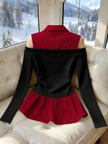 Franclia Áo dài tay trễ vai 2 trong 1 phối màu đen trắng cổ điển, tối giản và thời trang. - Màu Đỏ Sâu - Xem 2