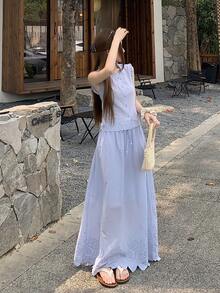 DAZY 女士圆领蕾丝拼接开衫上衣和长裙两件套度假休闲夏季套装 - 藍色 - 查看 4