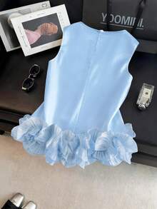SHEIN Franclia 女士优雅缎面双层荷叶边无袖背心，适合春夏外出和约会 - 藍色 - 查看 2