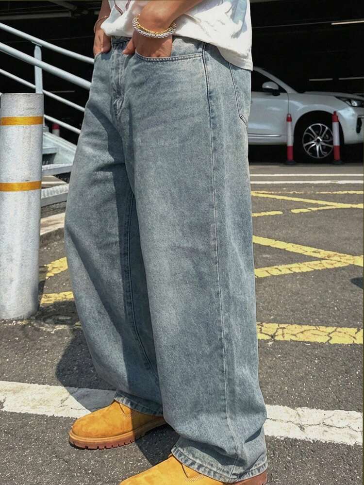 Plus Size Men's Long Blue Denim Jeans With Back Pocket Embroidery Design, Suitable For Spring And Autumn Summer