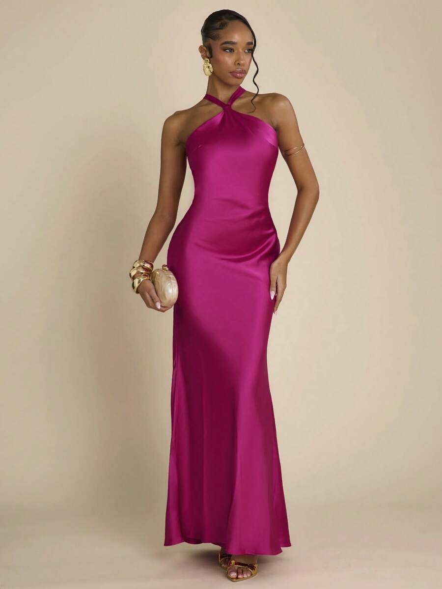 SHEIN BAE Đầm satin màu hồng cánh sen hở lưng buộc dây, kiểu dáng thanh lịch, thích hợp cho khách dự đám cưới, phù dâu, tiệc cocktail gợi cảm, tiệc brunch. - Màu Hồng Tươi - Xem 1