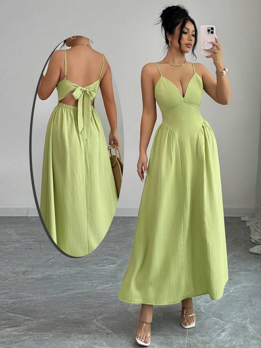 Elenzga Đầm maxi dáng dài thanh lịch, thoải mái, gợi cảm kiểu Pháp, thắt dây, hở lưng, dây mảnh, thích hợp cho kỳ nghỉ hè, mùa xuân/hè, màu trơn, xếp ly, đầm maxi nữ mùa hè, đầm đi nghỉ mát, phong cách mùa hè nắng ấm, thích hợp cho hẹn hò, tiệc sinh nhật, đám cưới, sự kiện tựu trường, thời trang nữ mới. - màu xanh lá - Xem 1