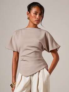 COSMINA Camiseta de mujer de cuello redondo con pliegues elegante, adecuada para todas las estaciones - Caqui - Ver 3