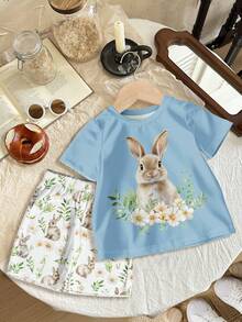 Pressed Flowers Sets, Boho Rabbit Wildflowers Rabbit Plant Sets, Vintage Botanical Sets Pastel Rabbit Floral Nature Sets Young Girl Casual Minimalist Short Sleeve Shorts 2-Piece Set, Suitable For Summer - Multicolor - View 2