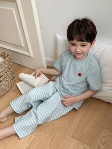 DAZY 男童条纹短袖上衣和裤子睡衣套装 - 藍色 - 查看 5