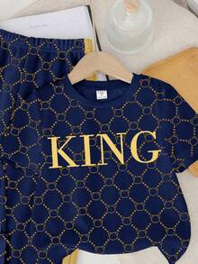 Kleine Jungen Neuer Lässiger Minimalistischer Retro Blumen Englisch Buchstabe "King" Sportlicher Amerikanischer Vintage Farbblock Bequemer Weiter Rundhals Kurzarm T-Shirt und Hose Set - Verschiedenfarbig - Übersicht 5