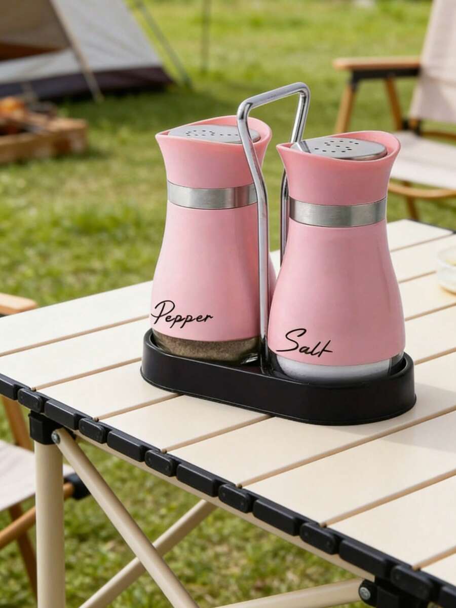 2pcs Pink Seasoning Shakers With Storage Rack, 8*4.5cm, Airtight Moisture-Proof Bottles For Salt, Pepper & Fine Grained Spices, Practical Kitchen Condiment Dispenser For Home Cooking & BBQ - Pink - View 1