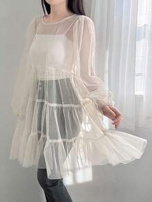 FRIFUL Women's Solid Color Sheer Ruffle Hem Dress Sun Dresses For Women - Beige - View 5