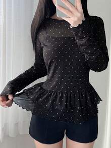 FRIFUL 女士夏季休闲波点印花荷叶边下摆薄纱衬衫 - 黑色 - 查看 6