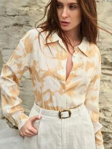 MOTF PREMIUM WOMEN'S LINEN PRINTED OBLIQUE PLACKET SHIRT - Yellow - View 11