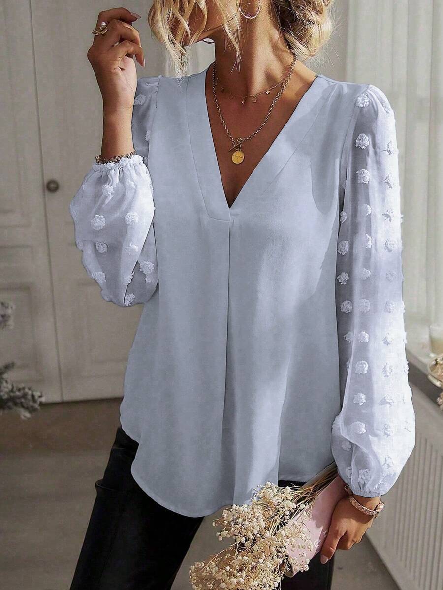 Plus Size Women V-Neck Casual Versatile Daily Wear Top - Mauve Purple - View 1
