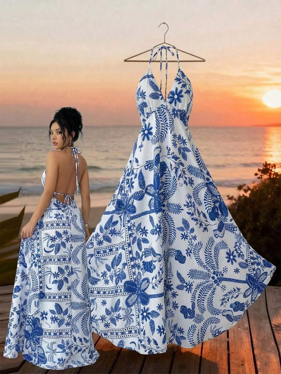Lyxana Women's Blue & White Printed High-Design V-Neck Backless Tie Maxi Dress, Casual Vacation Style, Suitable For Valentine's Day, Easter, Labor Day, Birthday, Date, Party, Beach, Travel, Spring & Summer - Blue and White - View 1
