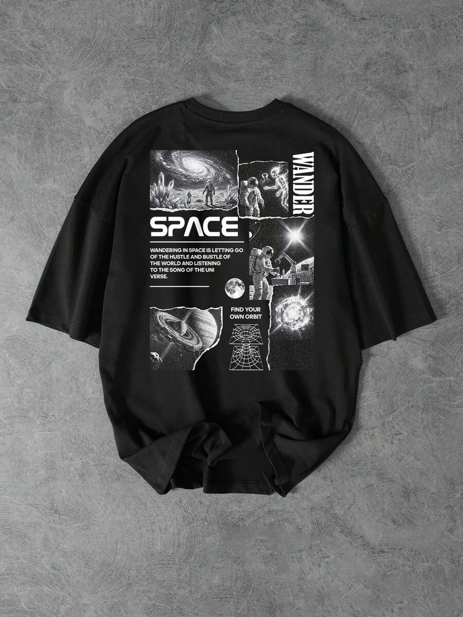 Manfinity EMRG Men's Letter & Astronaut Print Round Neck Short Sleeve T-Shirt - Black - View 1