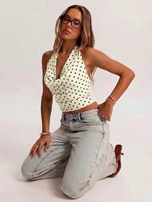 SHEIN BAE Áo tank top dáng suông cổ bèo màu nâu, chất liệu lưới, thích hợp mặc đi phố, đi làm, dạo phố, hẹn hò, tụ họp bạn bè, đi nghỉ mát ở Ý, và nhiều dịp khác. - Màu be - Xem 6