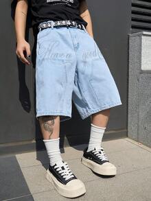 Manfinity EMRG Men's Casual Street Style Embroidered Blue Denim Shorts - Light Wash - View 5