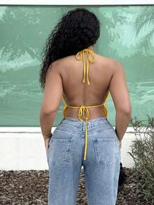 Alexandranx Summer Front Slit, Backless, Knotted Halterneck Black Top Yellow - Yellow - View 2