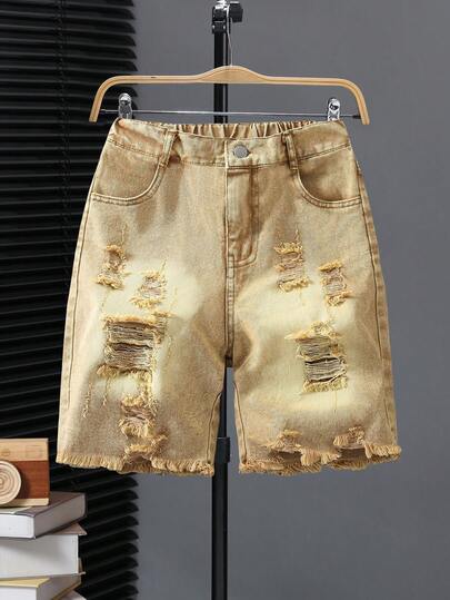 SHEIN Streecool Kids Tween Boys Denim Shorts, Summer New Arrival, Fashionable Streetwear, Vintage Distressed Khaki, Summer Holiday Style, Elastic Waistband, Ripped & Faded Wash, Slim Fit Flattering, Soft & Comfortable Fabric, Casual Daily & Holiday Wear