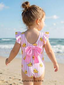 SHEIN Baby Girl Striped Cartoon Duck Print Ruffle Trim Cute One-Piece Swimsuit - Multicolor - View 1
