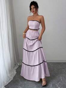 Rafferiza Petite 2pcs/Set Women Elegant Ribbon Decor Bandeau Top And Skirt Set - Purple - View 4