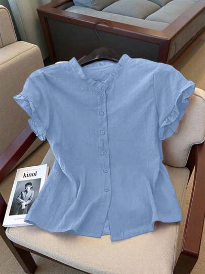 INAWLY 大码女式纯色单排扣休闲百搭日常衬衫