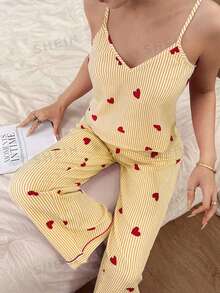 SHEIN 女士泡泡褶皱条纹爱心印花吊带背心和裤子睡衣套装 - 黃色 - 查看 5