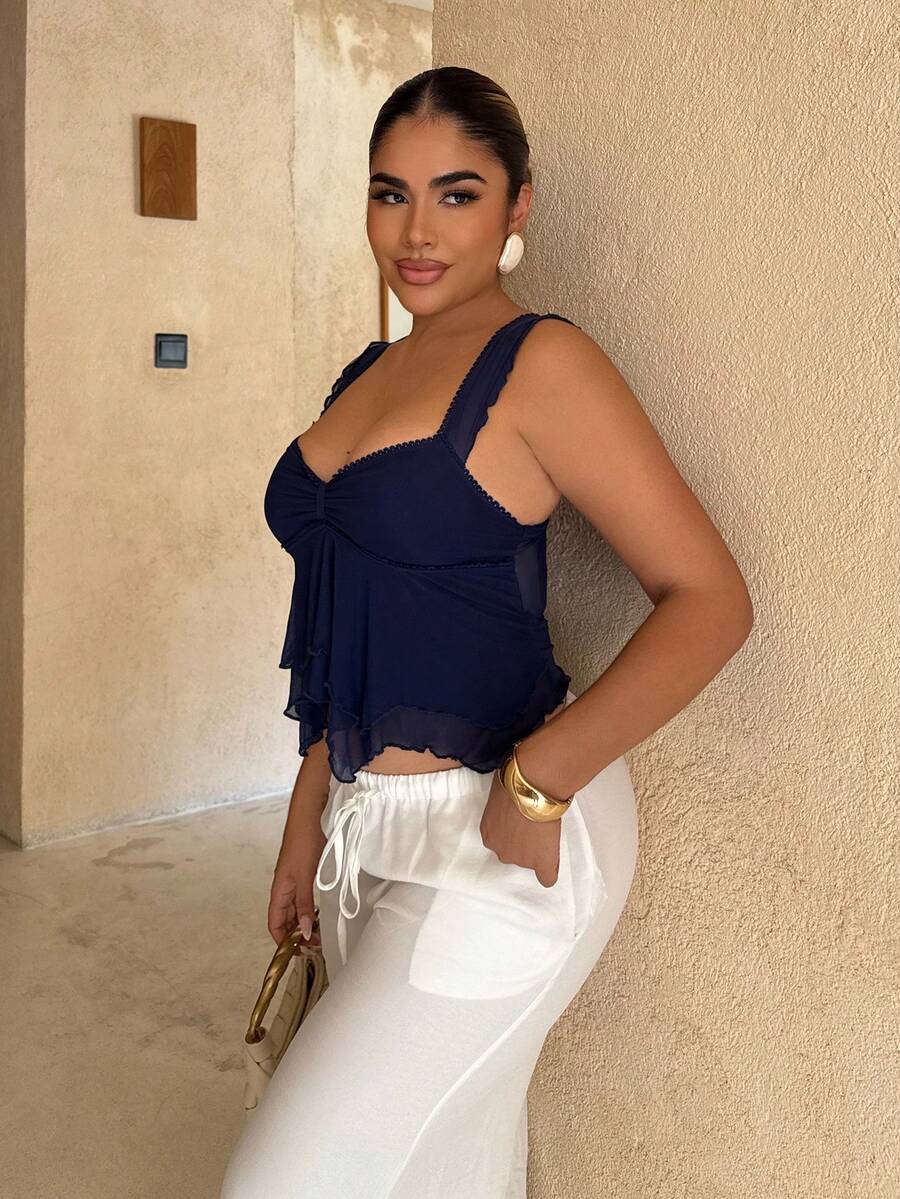 Maria Perezxox 女式褶皱前开合身性感网眼拼接盖袖露背休闲度假短款背心 - 藏蓝色 - 查看 1