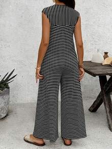 SHEIN 孕妇条纹圆领短袖哺乳连体衣 - 黑色 - 查看 2