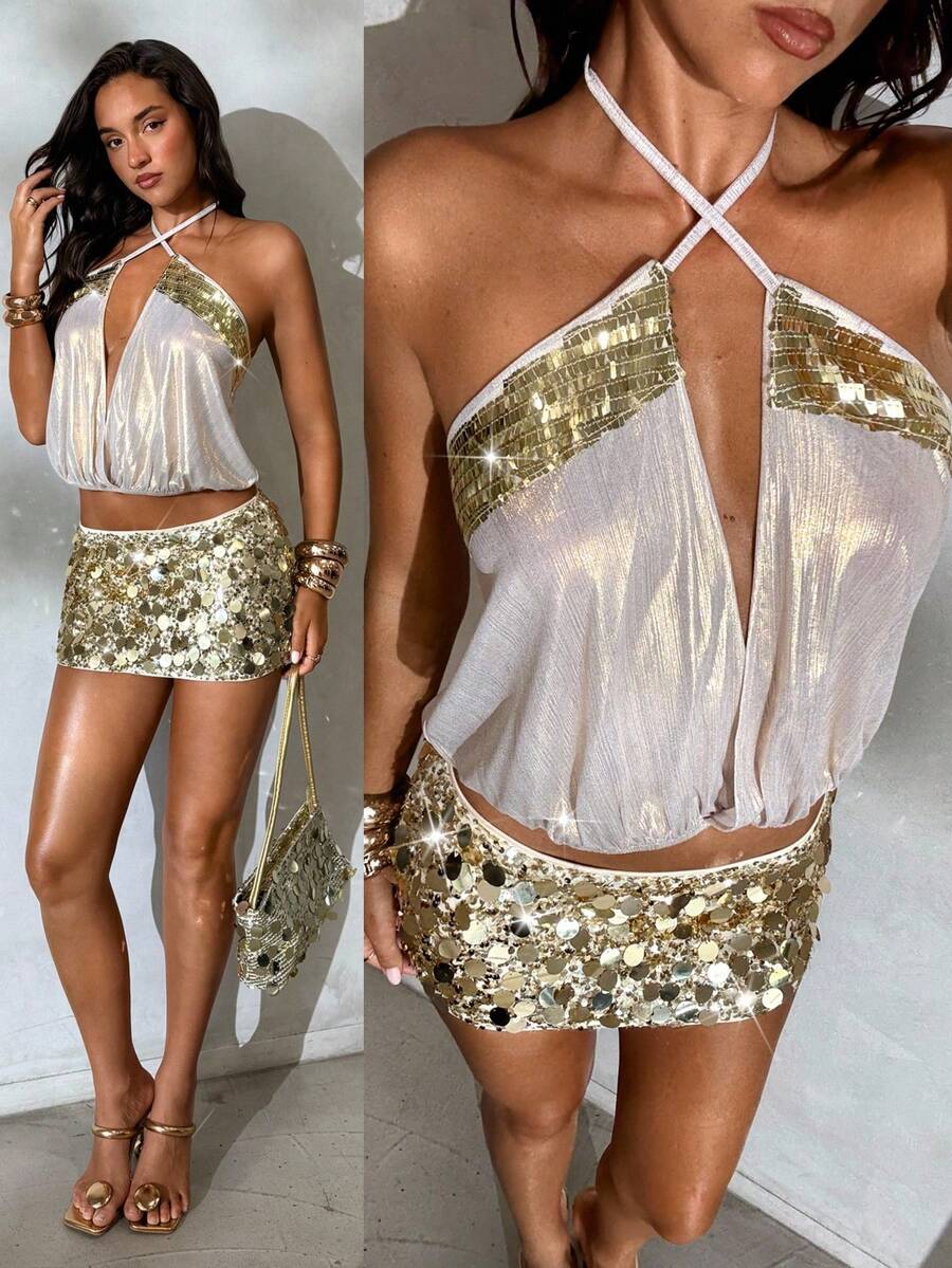 Aloruh 女士春夏新款音乐节、魅力派对亮片无袖露肩上衣，吊带款，适合女士夜店穿着