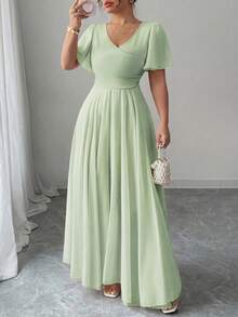 Elenzga Plus Size Women's V-Neck A-Line Chiffon Dress With Ruffle Sleeves, Simple Elegant And Romantic - Green - View 6