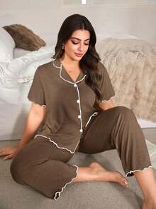 Doze Lane Plus Size Women's Brown Ruffle Trim Super Soft Draping Lightweight Floral Chiffon Knit Fabric Classic Loose Turndown Open Front Short Sleeve Pants - Brown - View 5