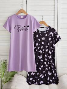 SHEIN 女童可爱蝴蝶字母印花舒适两件套圆领短袖长款睡衣家居服 - 紫色 - 查看 7