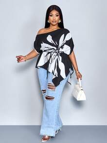 SOLERSUN Plus Size Women Summer Black And White Elegant Blouse, Autumn Loose-Fitting One-Shoulder Casual Top Asymmetrical Hem And Drawstring Tie-Waist - Black and White - View 1