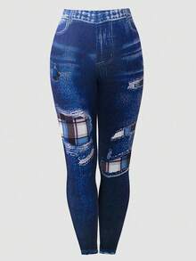 大码女式休闲撞色拼布连帽衫 T 恤和牛仔效果数码印花长款紧身裤套装 - 彩色 - 查看 6