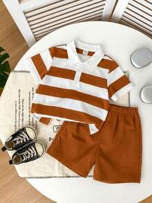 SHEIN 2 pièces/Set Bébé/Bébé Garçon/Fille Chemise à col polo rayée noir et blanc à manches courtes et short noir, tenue confortable et chic pour tous les jours, convient pour le printemps/l'été/l'automne/l'hiver, intérieur, extérieur, quotidien, sport, fête, séance photo, festival, streetwear, Noël, Nouvel An - Multicolore - Voir 3