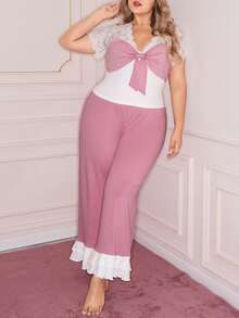 Slumberry CURVE Conjunto de ropa de estar en casa informal con top con pliegues de encaje y pantalones para mujer de talla grande - Rosa - Ver 4